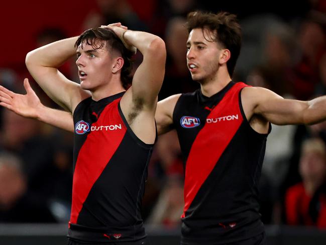 Archie Roberts and Nic Martin couldn’t believe it. Picture: Josh Chadwick/Getty Images