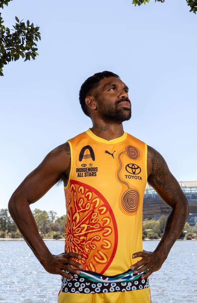 Liam Ryan models the Indigenous All Stars guernsey. Picture: Will Russell/AFL Photos via Getty Images.