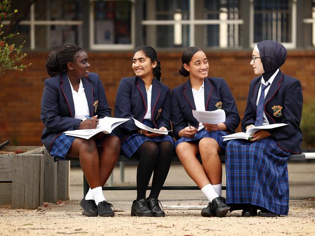 Year 9 students from Liverpool Girls High School Princella Asiedua, Lilymaria Thomas, Rosie Tupou and Aieshah Masri. Picture: Sam Ruttyn