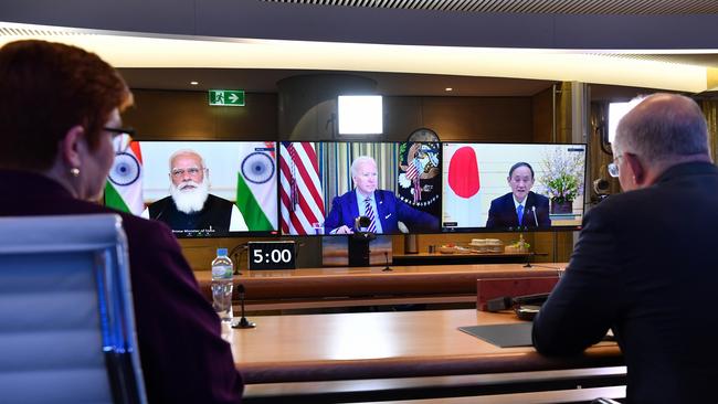 Scott Morrison and Marise Payne join the inaugural Quad leaders meeting with Joe Biden, Japan PM Yoshihide Suga and India PM Narendra Modi. Picture: AAP.