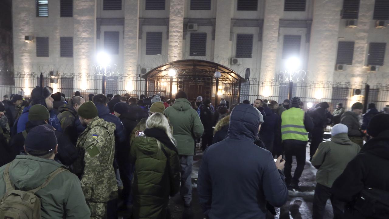 Activists attend a rally in front of the Russian embassy building in Kiev, Ukraine. Picture: AP