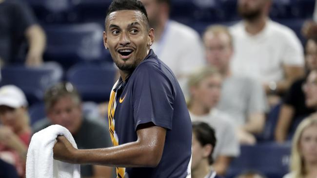 Nick Kyrgios looks toward the stands between games against Radu Albot. Picture: Julio Cortez/AP