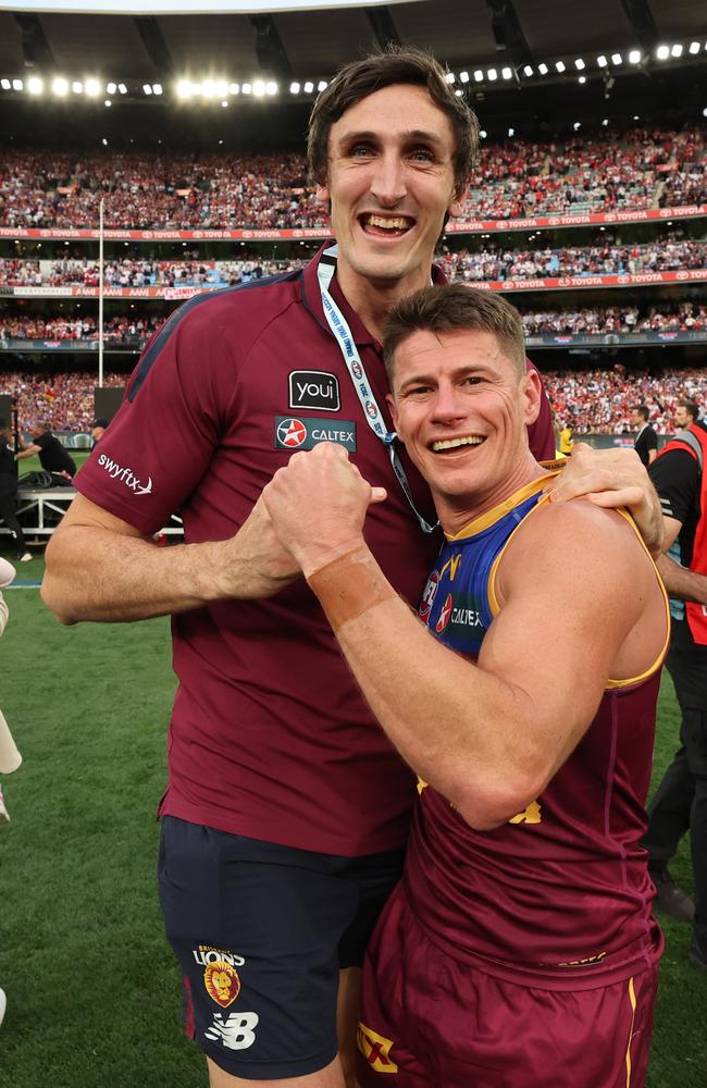 Oscar McInerney with Dayne Zorko after the siren. Picture: David Caird