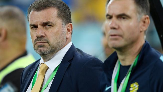 A tense Ange Postecoglou watches from the sidelines.