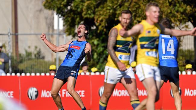 Josh Patullo celebrates a goal and Sturt finally conquers Woodville-West Torrens at Unley Oval. Picture: Tom Huntley