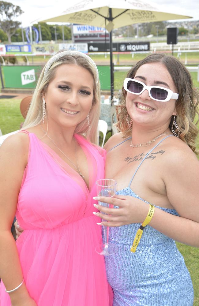 Chloe Hibbert and Jade Fraser at the 2023 Audi Centre Toowoomba Weetwood race day at Clifford Park Racecourse.