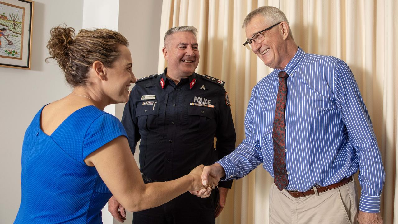 NT chief minister elect Lia Finocchiaro meets NT police commissioner Michael Murphy and Ken Davies, CEO of the Department of Chief Minister, at the NT parliament on Sunday. Picture: Liam Mendes 