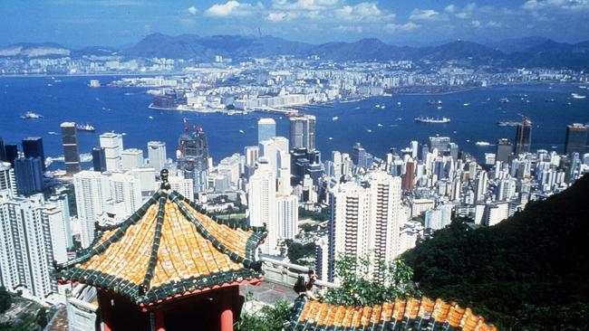 Aerial view of Hong Kong harbor. /Hong/Kong