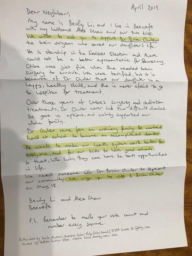 The letter that as been sent across the Bennelong electorate.