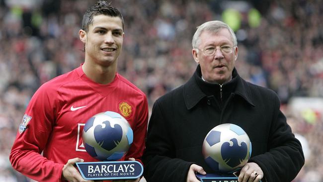 Ronaldo and former United manager Sir Alex Ferguson. Picture: Paul Ellis / AFP