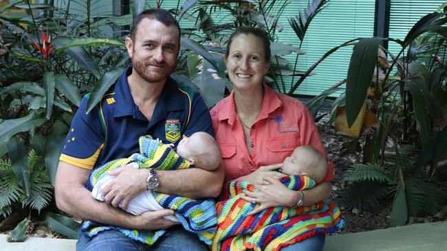 Alice Springs woman Samantha Hacon has been reunited with her husband Tim and newborns Matthew and Richard.