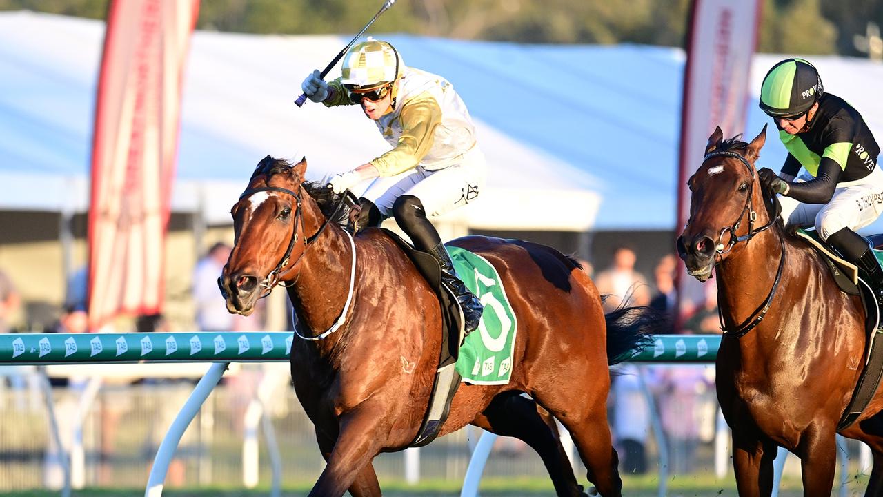 Emotional jockey Jake Bayliss celebrates after winning the Gai Waterhouse Classic on Chassis. Picture: Grant Peters/Trackside Photography