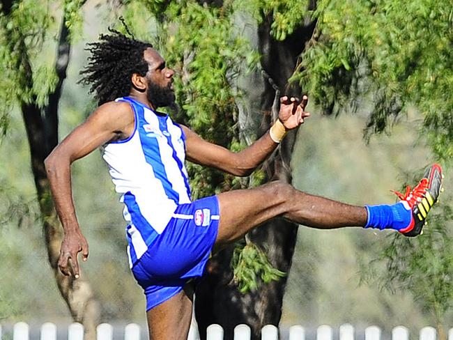 Former AFL star Liam Jurrah attempted to resurrect his career with South Alice Springs, kicking six goals at Albrecht Oval against Western Aranda. Picture: Justin Brierty