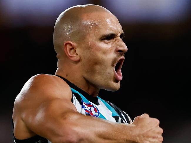 MELBOURNE, AUSTRALIA - APRIL 28: Sam Powell-Pepper of the Power celebrates a goal during the 2023 AFL Round 07 match between the St Kilda Saints and the Port Adelaide Power at Marvel Stadium on April 28, 2023 in Melbourne, Australia. (Photo by Dylan Burns/AFL Photos via Getty Images)