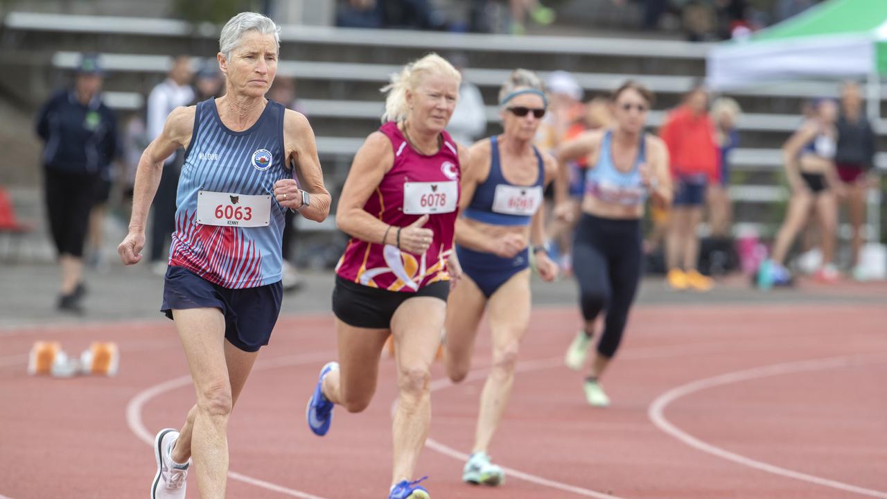 2024 Australian masters games at the Domain Athletics Centre, Margaret Kenny 64 NSW starts the 400m. Picture: Chris Kidd