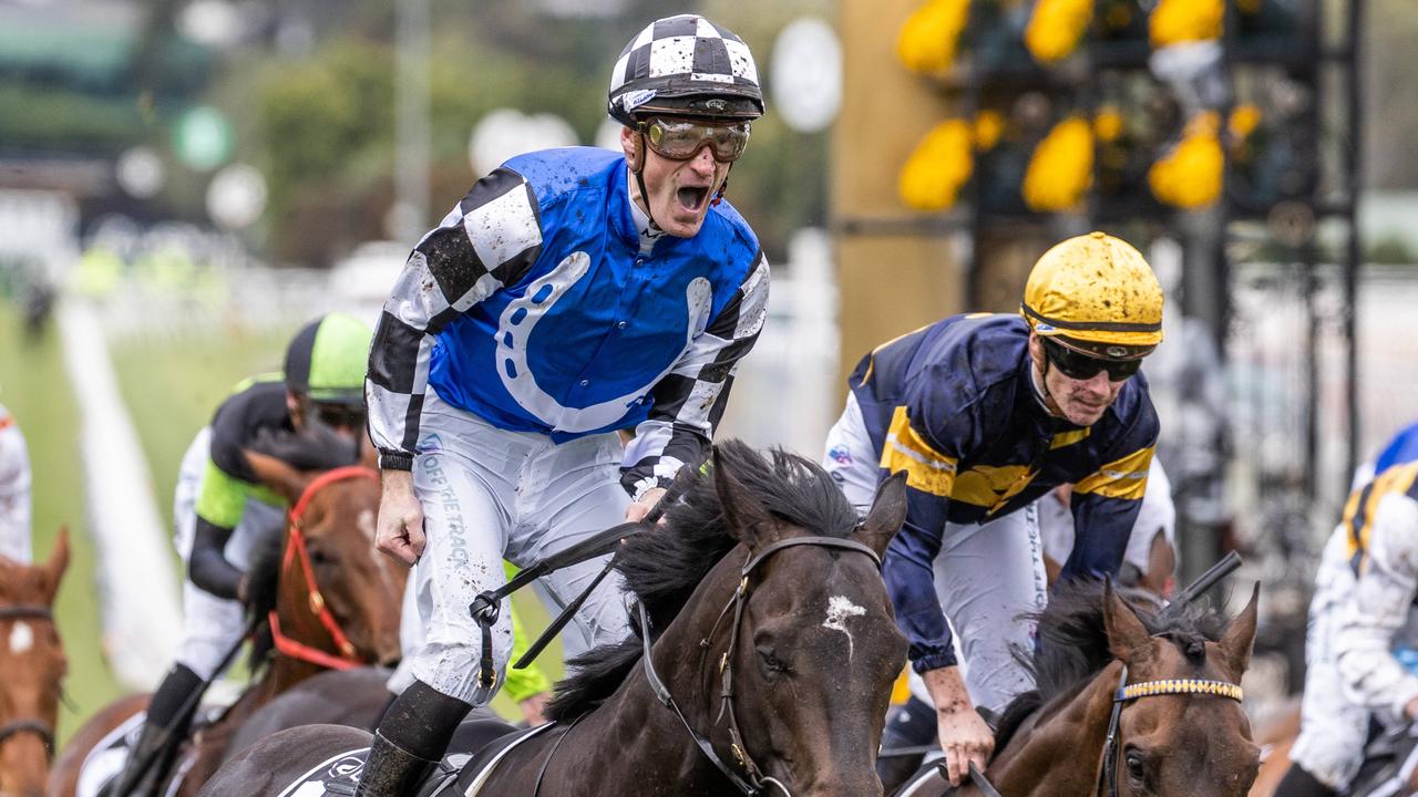 Gold Trip ridden by Mark Zahra wins the Melbourne Cup. Picture: Jake Nowakowski