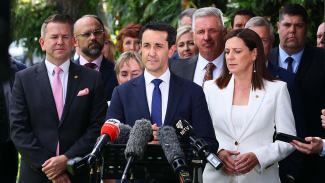 Crisafulli speaks to the media after the new ministers were sworn in. Picture: NewsWire/Tertius Pickard