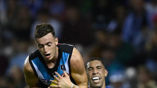 MELBOURNE, AUSTRALIA – MARCH 21: Orazio Fantasia of the Power marks during the round one AFL match between the North Melbourne Kangaroos and the Port Adelaide Power at Marvel Stadium on March 21, 2021 in Melbourne, Australia. (Photo by Quinn Rooney/Getty Images)