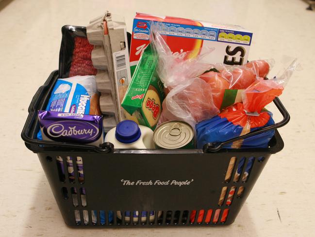 Grocery basket full of groceries from a Woolworths supermarket in Sydney.