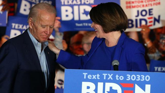 Amy Klobuchar endorses Democratic presidential candidate former vice Joe Biden. Picture: AP