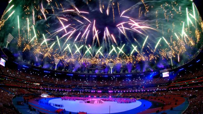 Fireworks explode over the MCG at the 2006 Commonwealth Games closing ceremony.