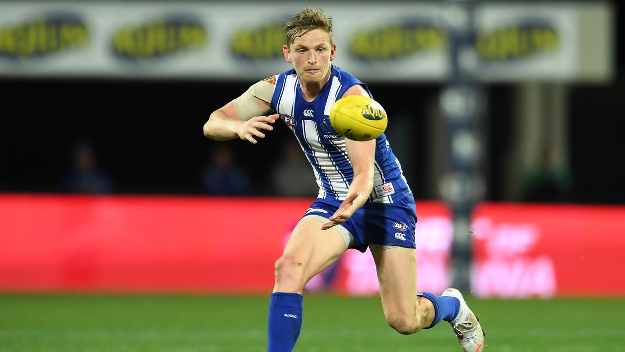 HOBART, AUSTRALIA - JUNE 13: Jack Ziebell of the Kangaroos in action during the round 13 AFL match between the North Melbourne Kangaroos and the Greater Western Sydney Giants at Blundstone Arena on June 13, 2021 in Hobart, Australia. (Photo by Steve Bell/Getty Images)