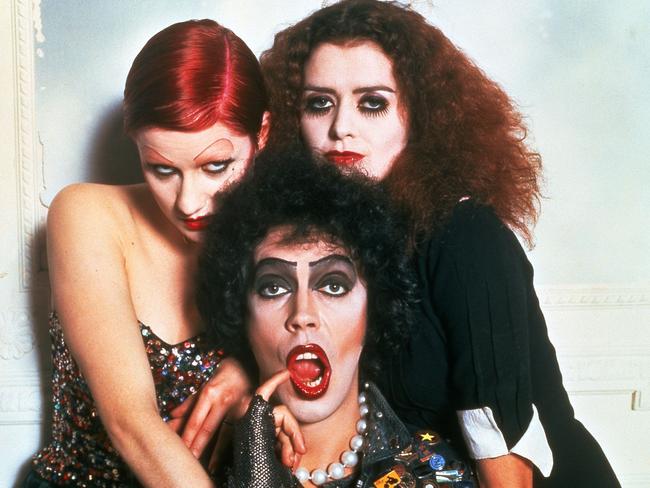 Cult hit ... Tim Curry played the original Frank-N-Furter, alongside Nell Campbell (Columbia), left, and Patricia Quinn (Magenta). Picture: Supplied