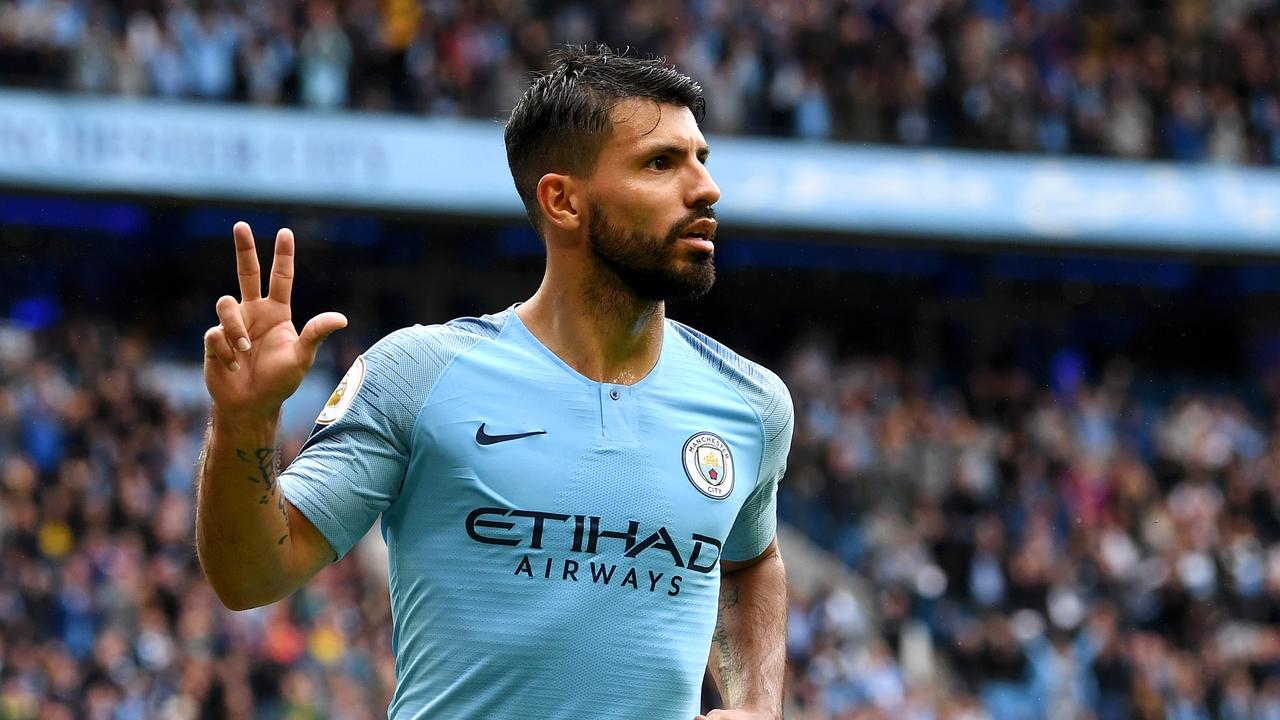 Sergio Aguero of Manchester City celebrates after scoring his team's fifth goal