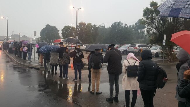 Cranbourne passengers at Cranbourne train station lining up for a bus on Monday, January 6. Picture: Supplied