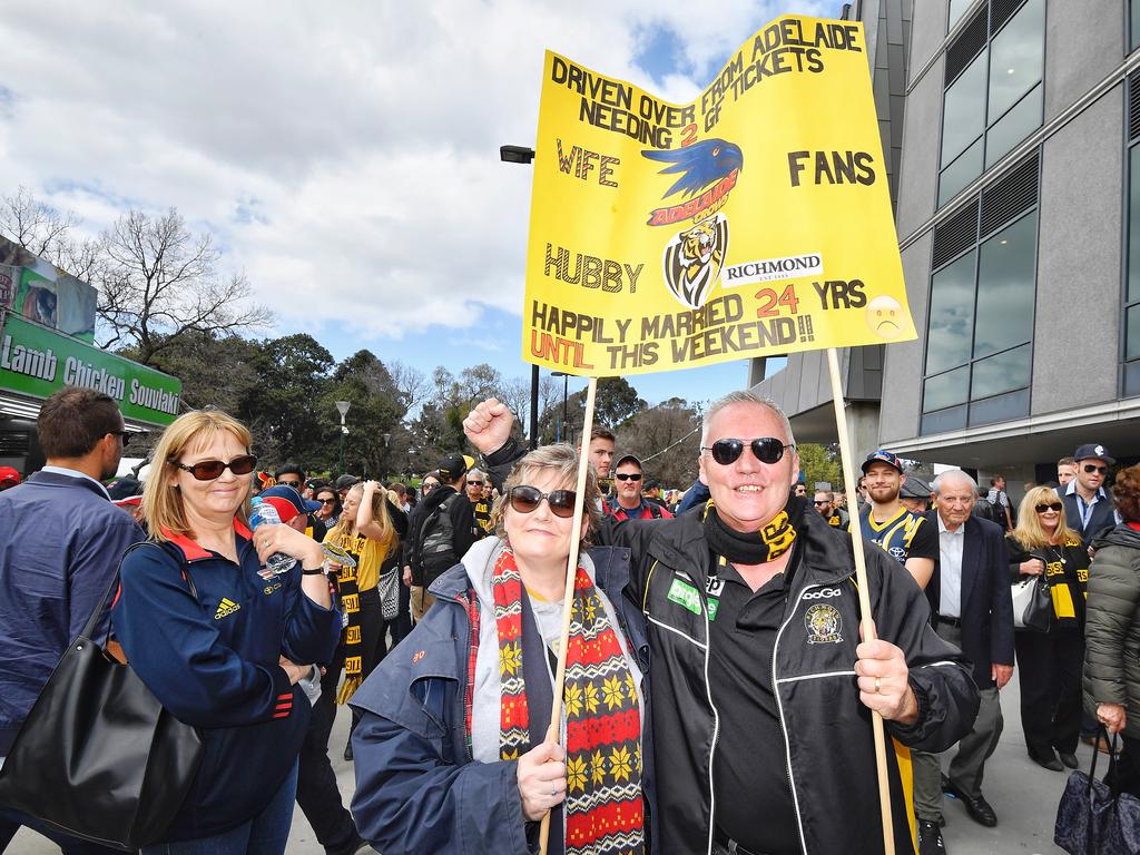 Crows fans, husband and wife Donna and Chris, at the Melbourne Cricket Ground MCG. Fans stream into MCG. Picture: Jason Edwards