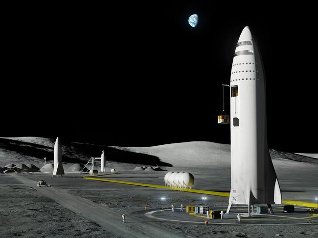 This artist's rendering made available by Elon Musk shows SpaceX's new mega-rocket design on the Earth's moon. With the 350-foot-tall spacecraft, Musk announced that his private space company aims to launch two cargo missions to Mars in 2022. Picture: SpaceX