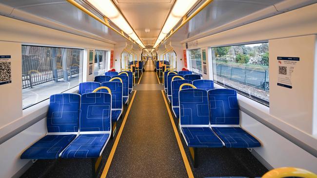 The interior of one of the trains which will be used on the Adelaide to Gawler rail line. Picture: Brenton Edwards