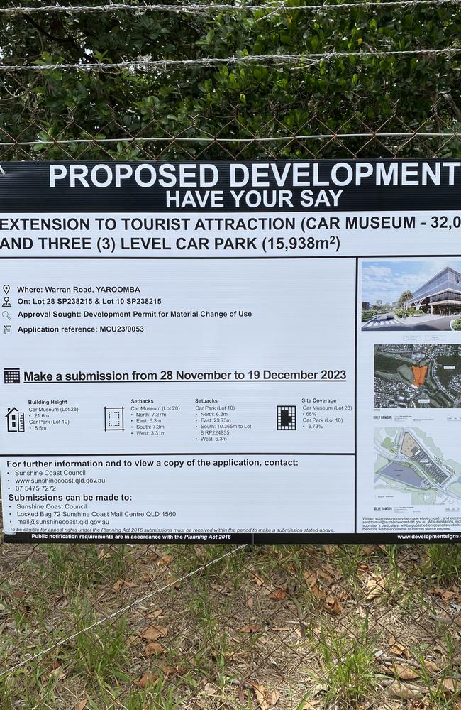 A recently installed sign advising of the new public notification period for the proposed car museum at Palmer Coolum Resort.