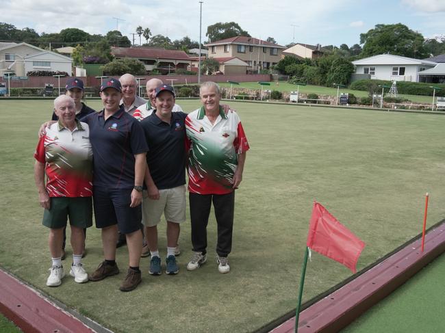 Celebrating Northies Toowoomba taking over the North Toowoomba Bowls Club are Dave Gillian, Tony Cameron, Chris Head, Mylie Cameron, Lester Eiser, Mike Gowdie and Greg Tucker.