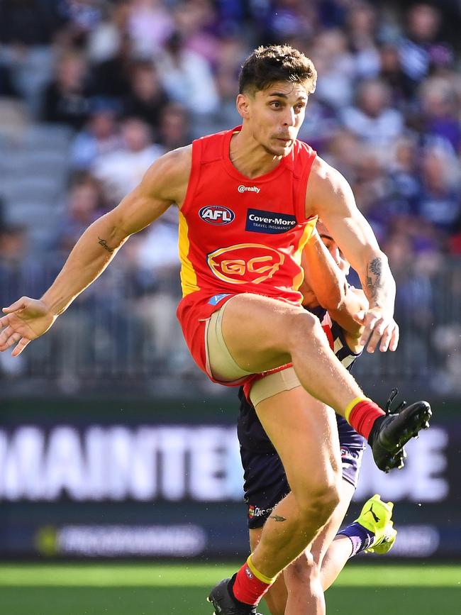 Sean Lemmens clears from defence against Fremantle in round 12. Picture: Getty