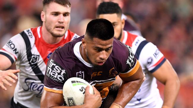 Payne Haas on the burst for the Broncos. Picture: Bradley Kanaris/Getty Images