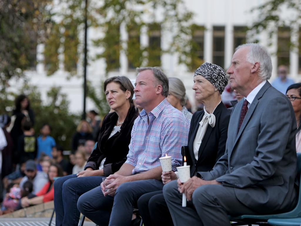 Greens leader Cassy O'Connor, Premier Will Hodgman, Governor Kate Warner and Dick Warner at Hobart's vigil for Christchurch at Franklin Square. Picture: PATRICK GEE