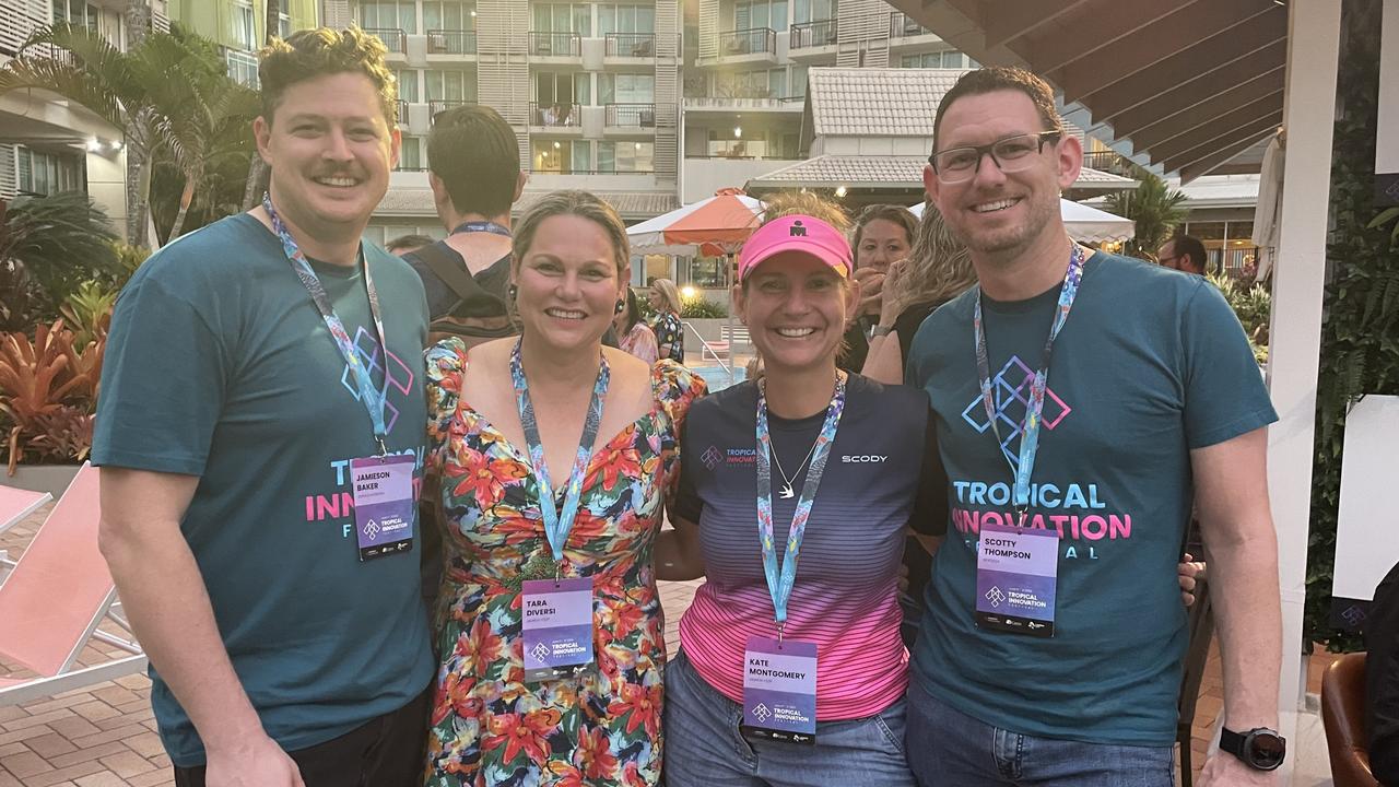 Jamison Baker, Tara Diversi, Kate Montgomery and Scotty Thompson attend the Tropical Innovation Festival in Cairns. Photo: Catherine Duffy.