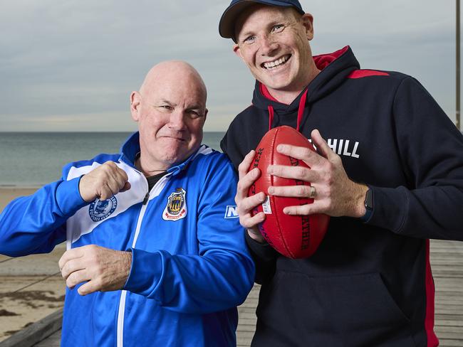 Andrew Jarman and Sam Jacobs at Henley Beach, ahead of the 2023 local football season, Tuesday, April 11, 2023. Picture: Matt Loxton