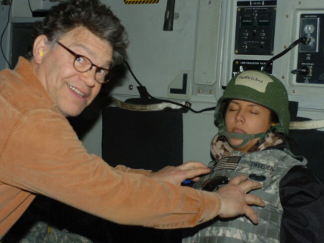 US Senator Al Franken poses for a photo where he appears to grope broadcaster Leeann Tweeden. Picture: Supplied