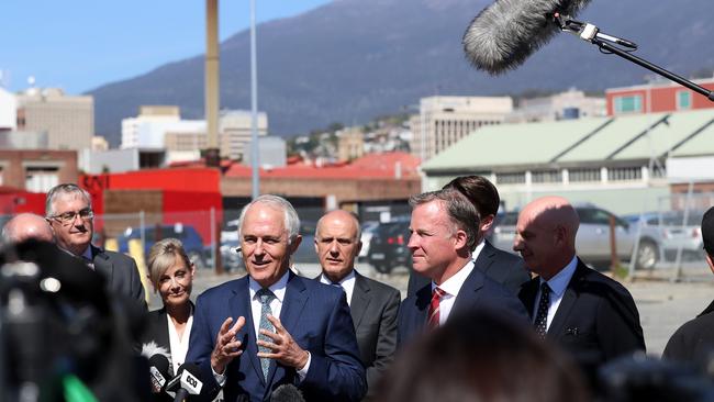 Prime Minister Malcolm Turnbull at Macquarie Point to announce the City Deal for Hobart. Picture: LUKE BOWDEN