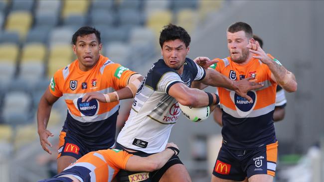 The Cowboys welcomed Jordan McLean back from injury, bringing plenty of energy for his side. Picture: AAP.