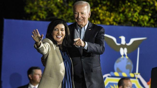 Joe Biden campaigns with New York Governor Kathy Hochul, who is being run close by Republican Lee Zeldin, in Yonkers on Sunday. Picture: AFP