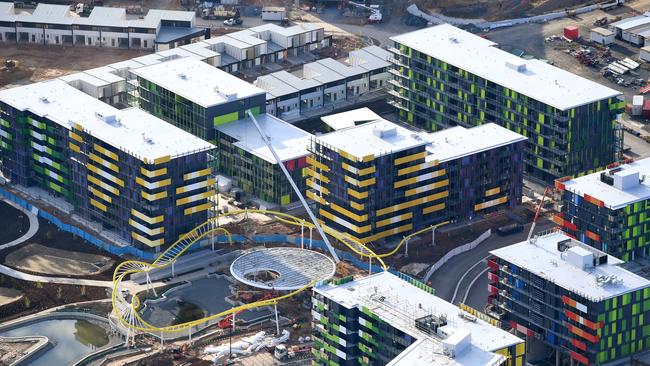 A general view of the Athletes Village on the Gold Coast — Games Minister Kate Jones has gone on the warpath on behalf of unpaid subbies who worked on 82 townhouses at the site. (AAP Image/Dave Hunt)