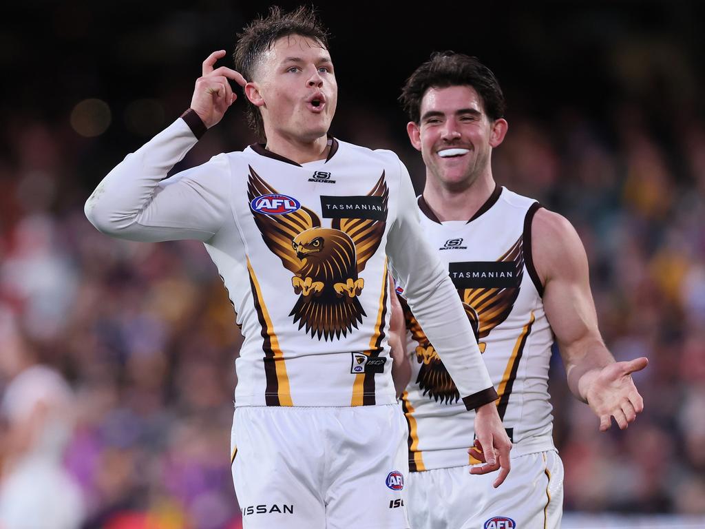 Jack Ginnivan celebrates a goal in Hawthorn’s 2024 retro jumper. Picture: Getty Images