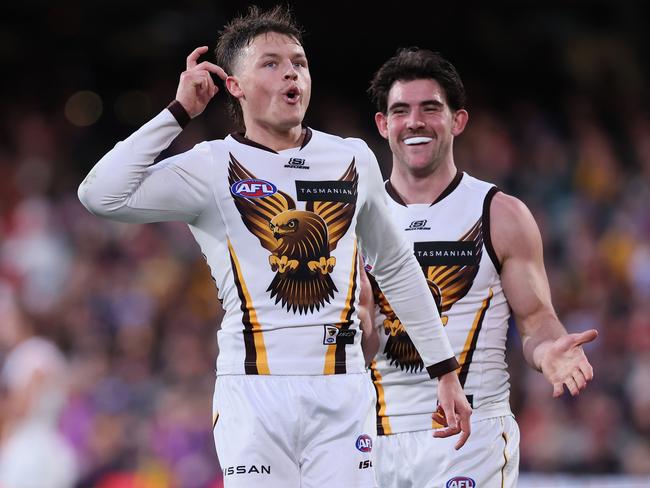 Jack Ginnivan celebrates a goal in Hawthorn’s 2024 retro jumper. Picture: Getty Images