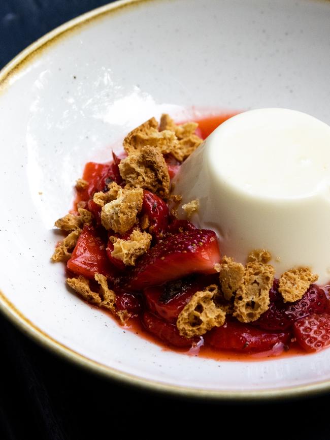 Butter milk panna cotta, strawberries, amaretti biscuit at Chianti, Hutt St, Adelaide.