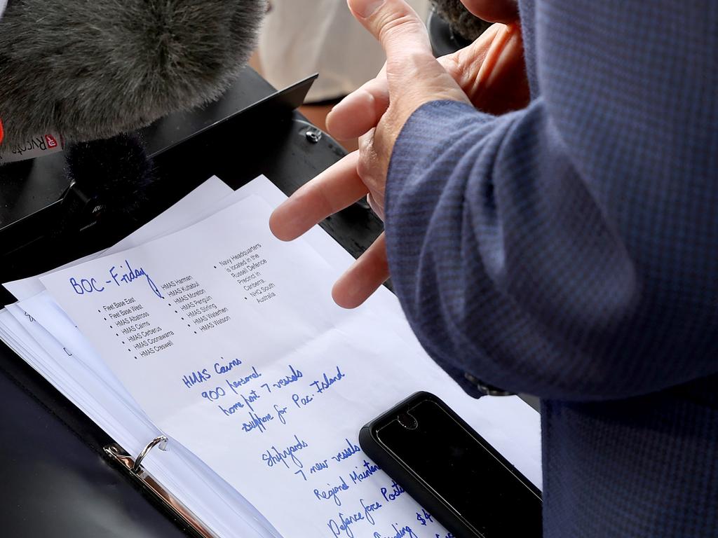 Labor leader Anthony Albanese with his notes for a press conference at Figtree Playground in Cairns, Queensland. Picture: Toby Zerna