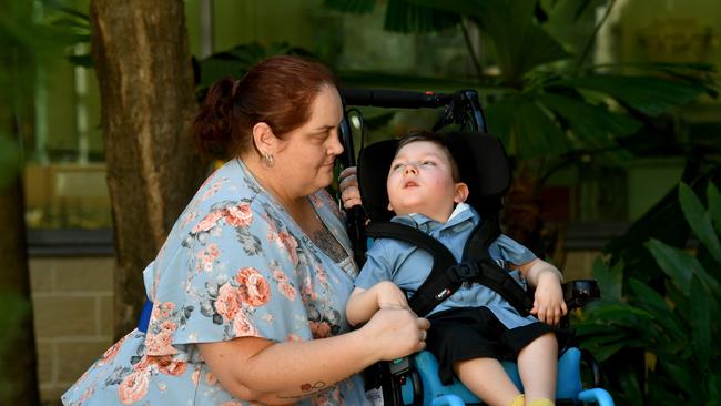 Tia Wall with Ayden, 5, at Townsville University Hospital. Picture: Evan Morgan