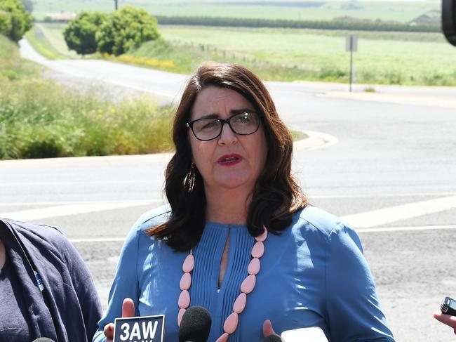 Roma Britnell MP (right) during a press conference outside of Warrnambool, Victoria, Tuesday, October 30, 2018. The opposition leader has announced that a Liberal Nationals Government will invest $1 billion in a new Road Fix Blitz program to repair country and regional roads. (AAP Image/James Ross) NO ARCHIVING